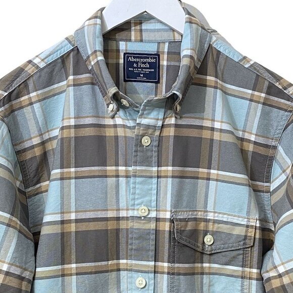 ABERCROMBIE & FITCH Mens Shirt Light Blue Tan Plaid Long Sleeve Cotton Button up - Picture 9 of 12